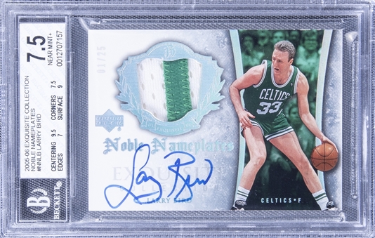2005-06 UD "Exquisite Collection" Noble Nameplates #NNLB Larry Bird Signed Game Used Patch Card (#01/25) - BGS NM+ 7.5/BGS 10